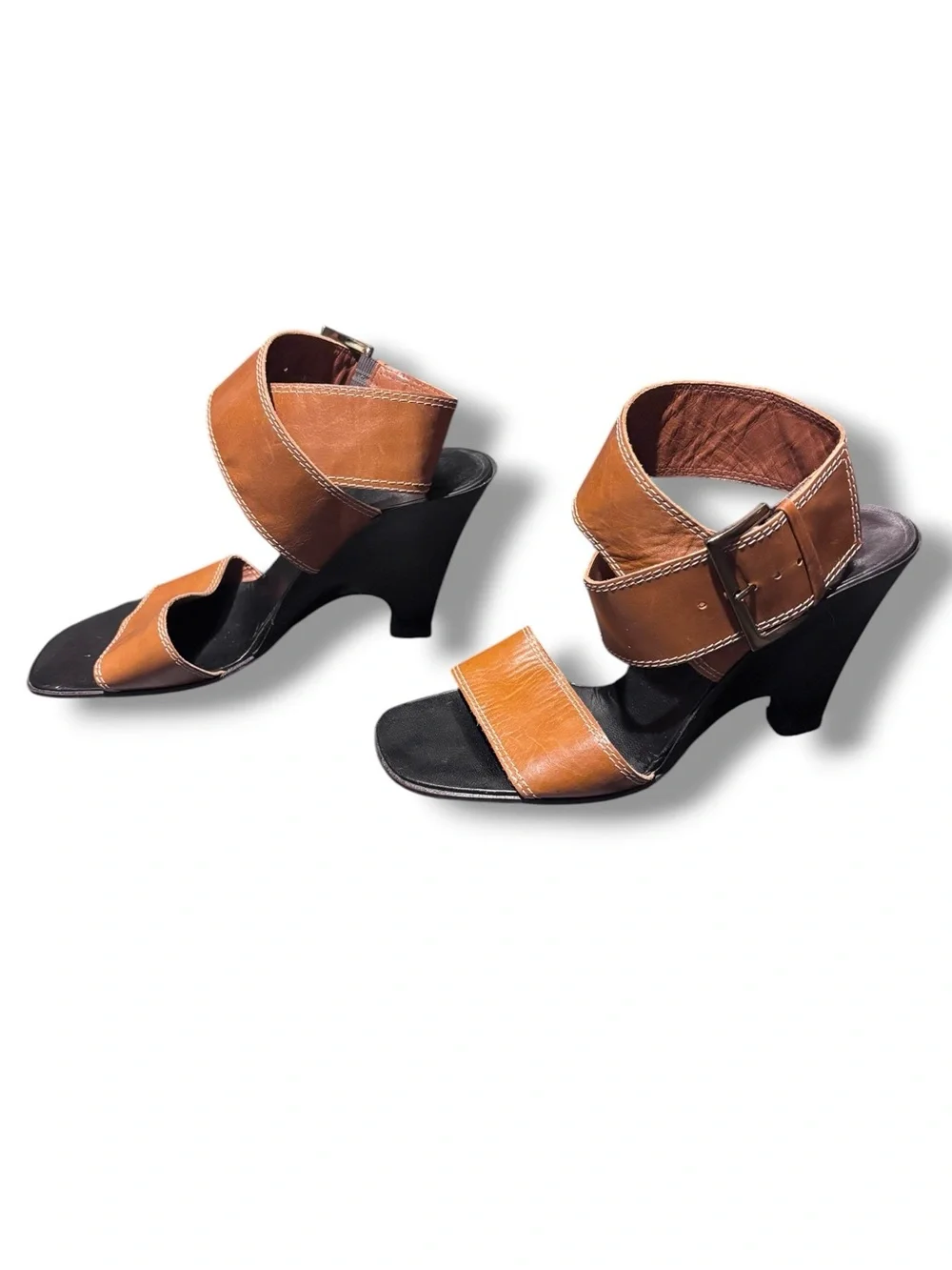 ANNE KLEIN Brown Wide Leather Ankle Wrap Wedges Contrast Stitching